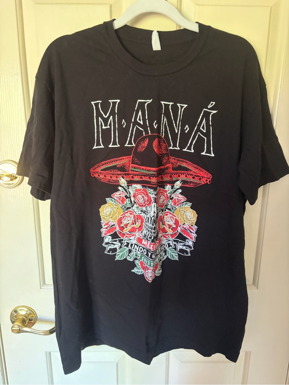Maná Graphic Band Tee — Black with Red & Yellow Floral Design